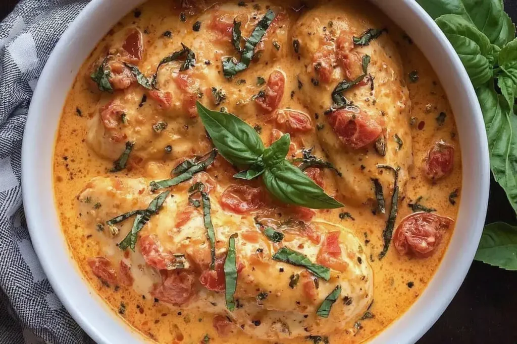 Slow Cooker Creamy Tomato Basil Chicken in a white bowl, topped with fresh basil and rich tomato-cream sauce.