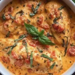 Slow Cooker Creamy Tomato Basil Chicken in a white bowl, topped with fresh basil and rich tomato-cream sauce.