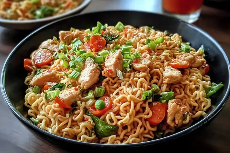 A bowl of Chicken Ramen Stir Fry with juicy chicken pieces, colorful vegetables, and springy noodles topped with fresh green onions.