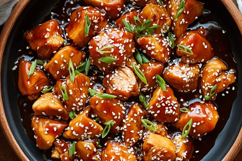 Dump and Go Crockpot Teriyaki Chicken pieces coated in glossy teriyaki sauce, topped with sesame seeds and sliced green onions.