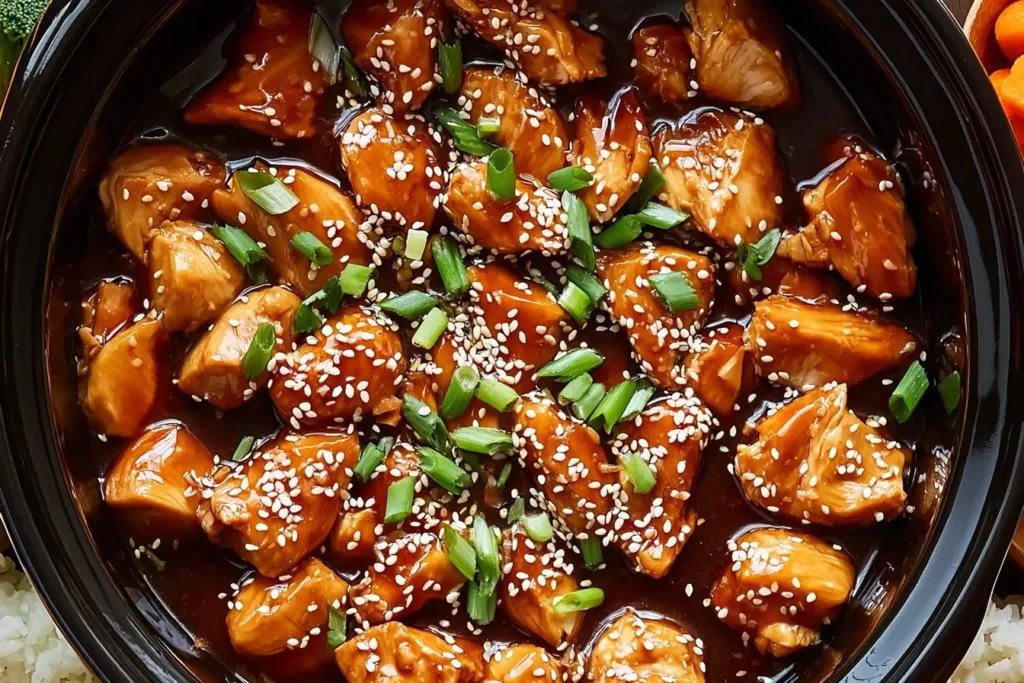 Dump and Go Crockpot Teriyaki Chicken topped with sesame seeds and green onions in a rich, glossy sauce.