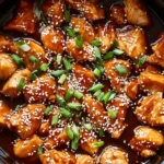 Dump and Go Crockpot Teriyaki Chicken topped with sesame seeds and green onions in a rich, glossy sauce.