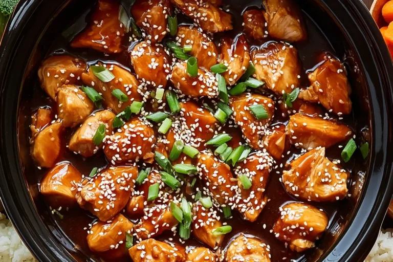 Dump and Go Crockpot Teriyaki Chicken topped with sesame seeds and green onions in a rich, glossy sauce.