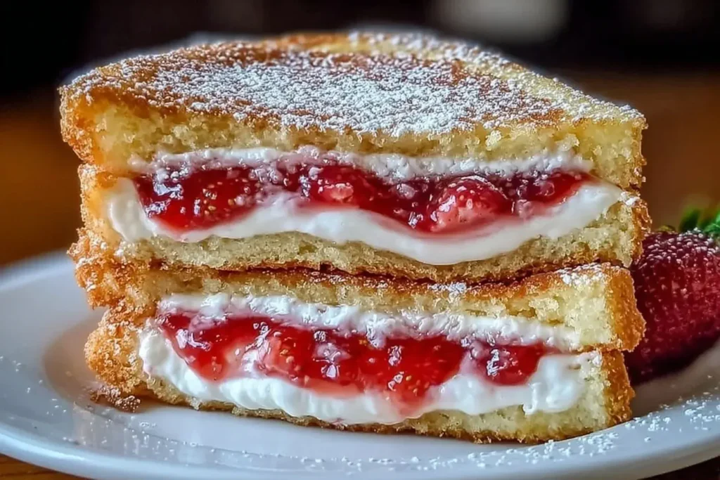 Close-up of Fried Strawberry Cheesecake Sandwiches filled with fresh strawberries and cream cheese, dusted with powdered sugar.