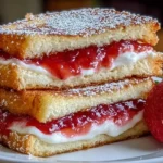 Stacked Fried Strawberry Cheesecake Sandwiches filled with cream cheese and strawberry jam, dusted with powdered sugar on a white plate.
