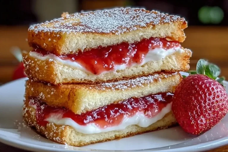 Stacked Fried Strawberry Cheesecake Sandwiches filled with cream cheese and strawberry jam, dusted with powdered sugar on a white plate.