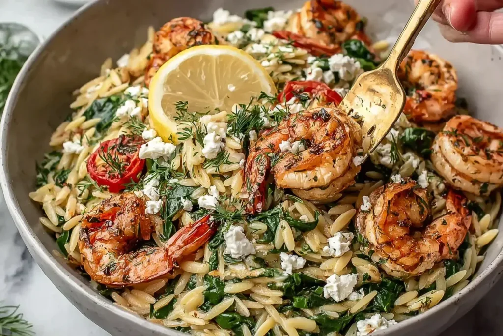 Bowl of Lemon Feta Orzo Roasted Shrimp with fresh spinach, cherry tomatoes, herbs, and crumbled feta topped with lemon slices.