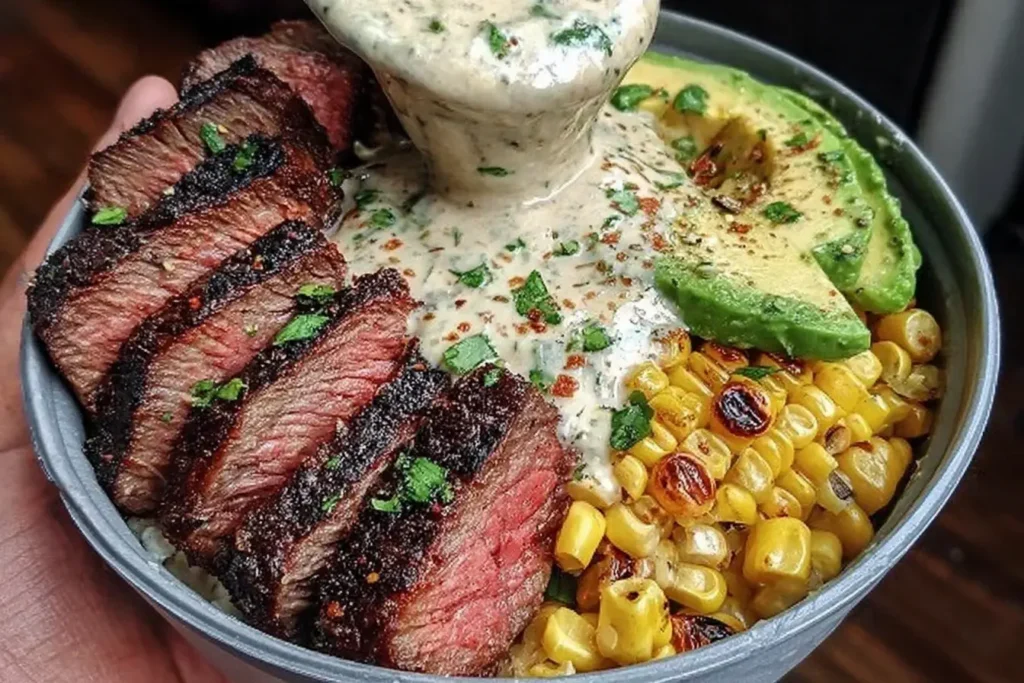 Close-up of a steak avocado corn bowl topped with creamy cilantro sauce, featuring sliced steak, roasted corn, and fresh avocado slices.