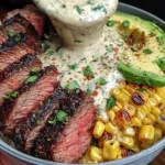 Close-up of a steak avocado corn bowl topped with creamy cilantro sauce, featuring sliced steak, roasted corn, and fresh avocado slices.