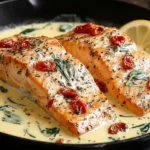 Marry Me Salmon fillets in creamy Parmesan garlic sauce with spinach and sun-dried tomatoes.