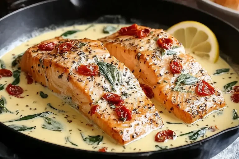 Marry Me Salmon fillets in creamy Parmesan garlic sauce with spinach and sun-dried tomatoes.