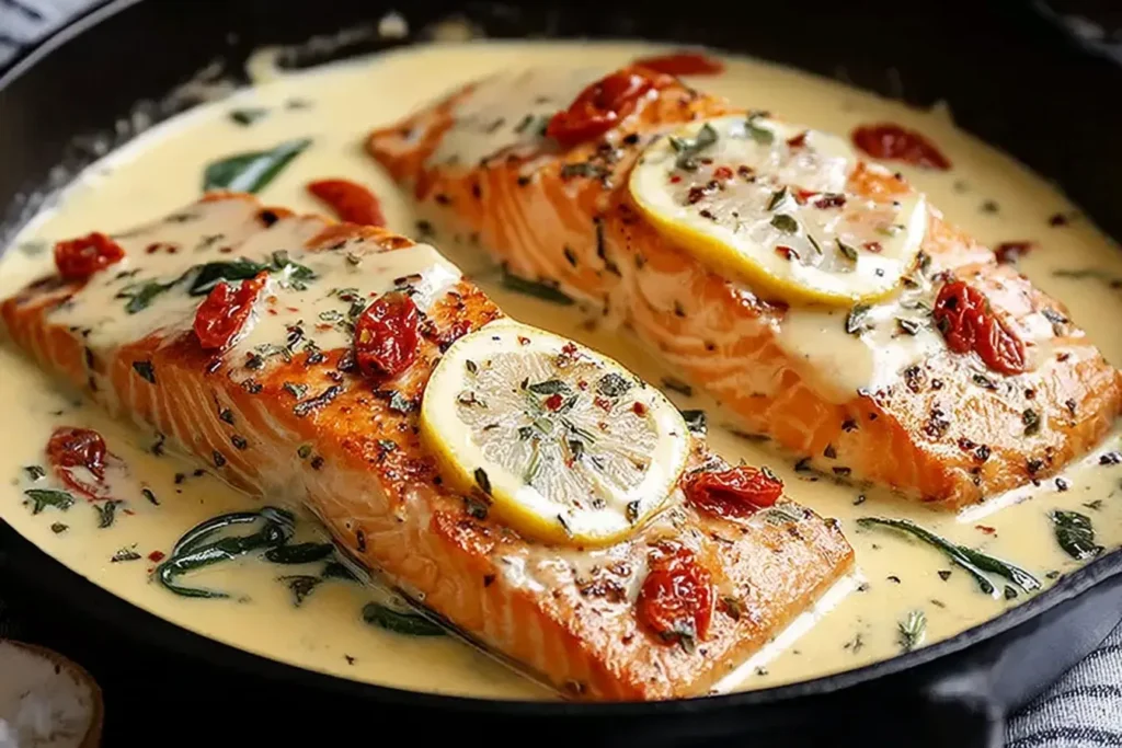 Marry Me Salmon fillets in creamy garlic Parmesan sauce with lemon and sun-dried tomatoes in a skillet.