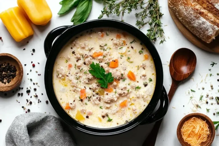 Bowl of Creamy Italian Ground Chicken Soup garnished with parsley, surrounded by herbs, bread, and cheese.