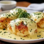 Chicken Pillows with Creamy Parmesan Sauce topped with fresh herbs on a white plate