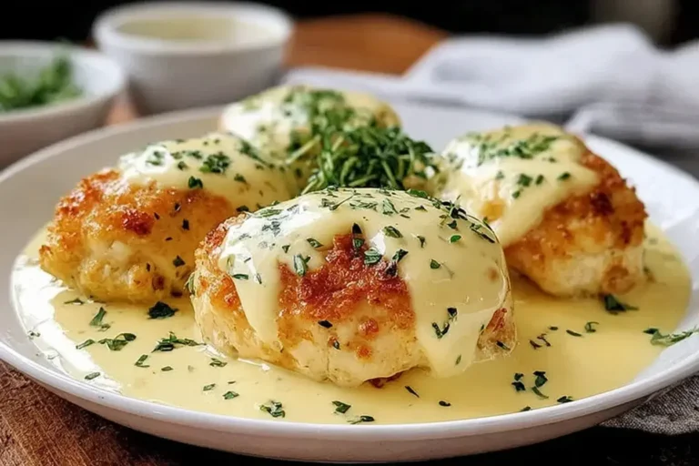 Chicken Pillows with Creamy Parmesan Sauce topped with fresh herbs on a white plate