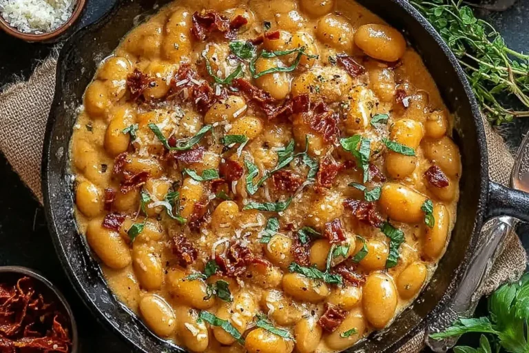 Creamy Tuscan Marry Me Butter Beans with crispy bacon and fresh herbs in a cast iron skillet