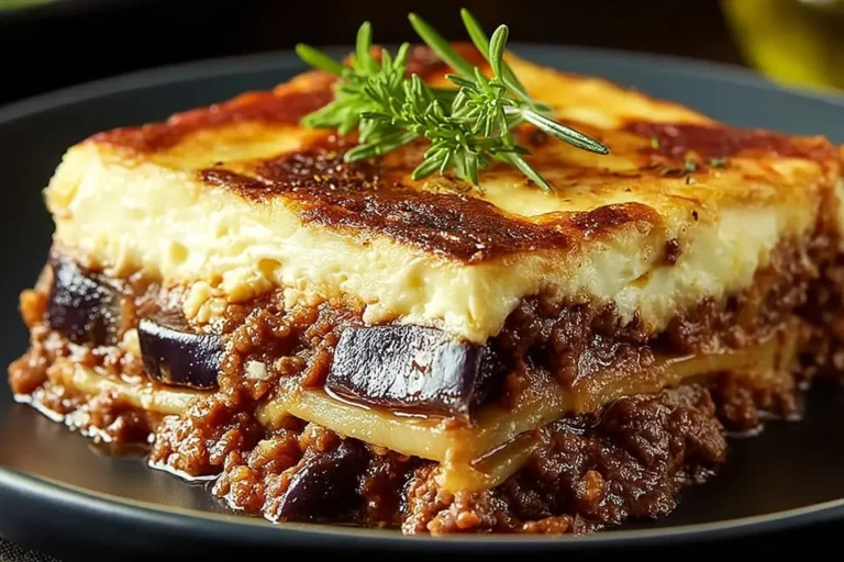 Close-up of homemade Greek Moussaka with layers of eggplant, potatoes, spiced meat sauce, and creamy béchamel topping.