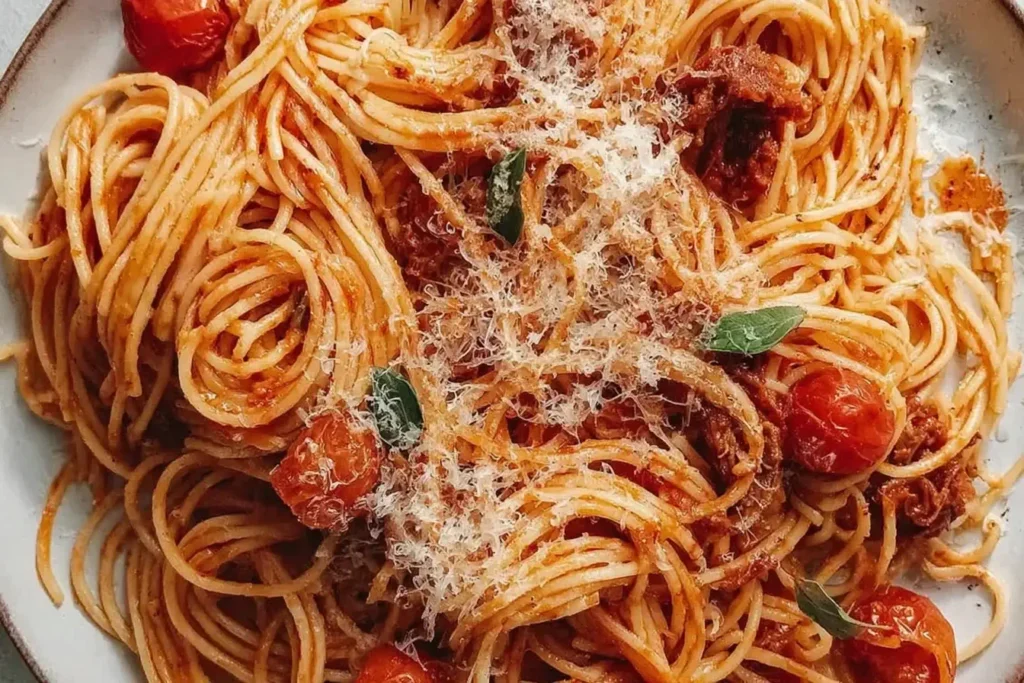 A close-up plate of The Bear Spaghetti with tomato sauce, Parmesan cheese, and fresh basil.