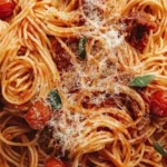A close-up plate of The Bear Spaghetti with tomato sauce, Parmesan cheese, and fresh basil.