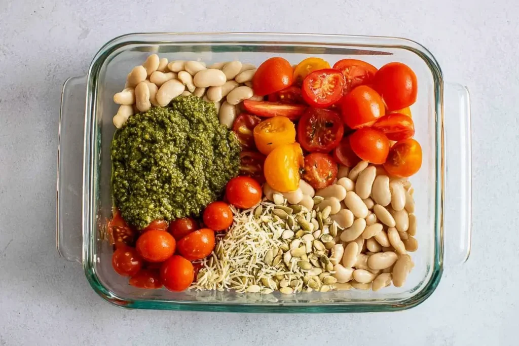 Ingredients for White Bean and Pesto Bake in a glass dish with beans, pesto, cherry tomatoes, cheese, and seeds ready to mix.