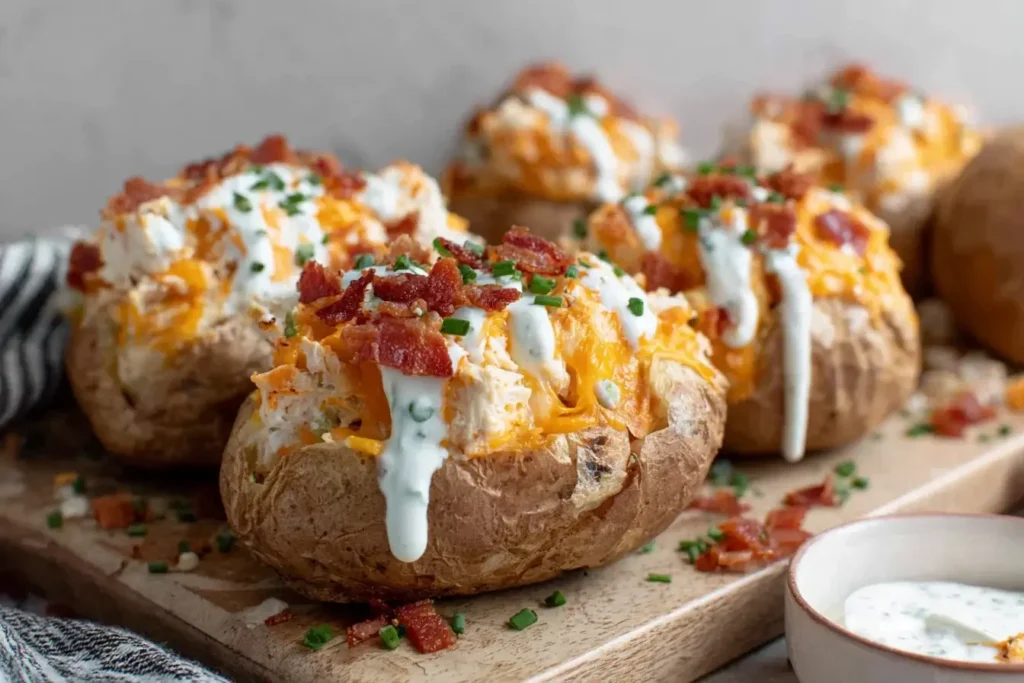 Crack Chicken Stuffed Baked Potatoes topped with cheddar, bacon, chives, and ranch dressing on a wooden board.