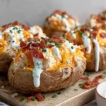 Crack Chicken Stuffed Baked Potatoes topped with cheddar, bacon, chives, and ranch dressing on a wooden board.