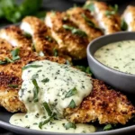 Parmesan Crusted Chicken with Basil Aioli served with creamy garlic basil sauce on a plate.