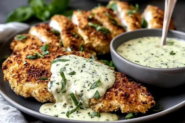 Parmesan Crusted Chicken with Basil Aioli served with creamy garlic basil sauce on a plate.