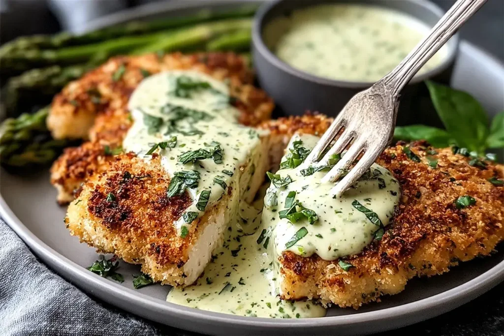 Crispy Parmesan Crusted Chicken with Basil Aioli topped with creamy sauce and fresh herbs on a plate.