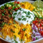 Colorful Taco Rice Bowl with seasoned beef, shredded cheese, fresh avocado, pico de gallo, and sour cream garnished with cilantro.