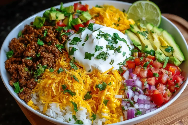 Colorful Taco Rice Bowl with seasoned beef, shredded cheese, fresh avocado, pico de gallo, and sour cream garnished with cilantro.