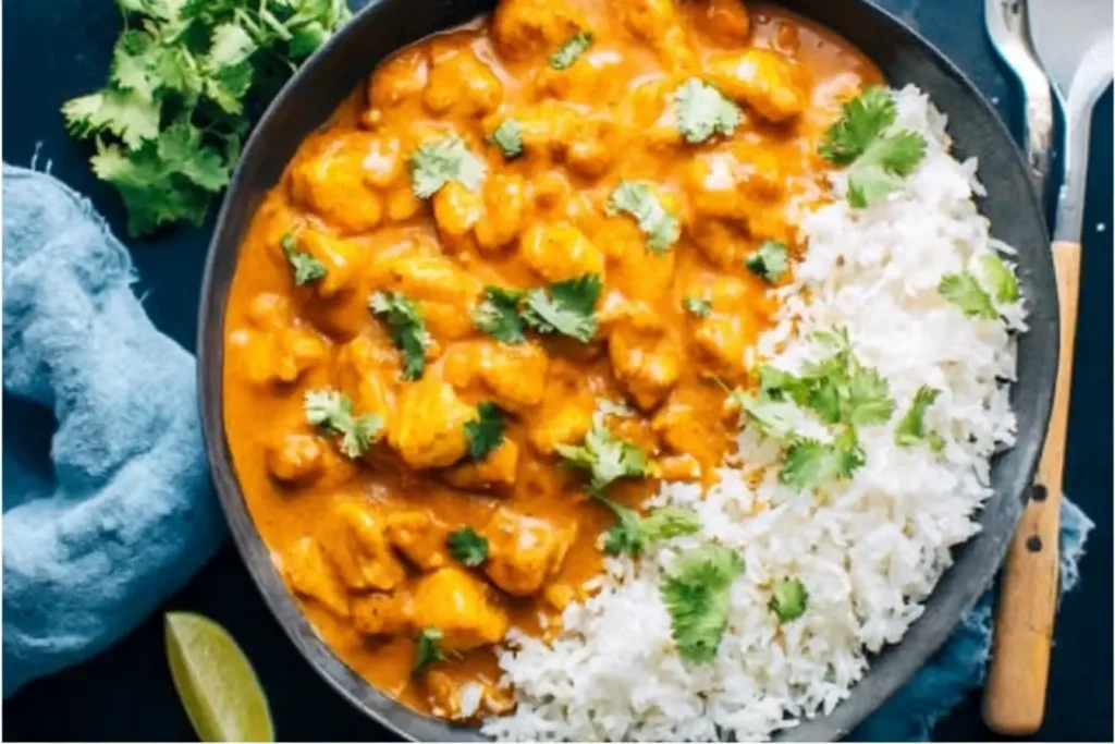 Mango Chicken Curry served with fluffy white rice and garnished with fresh cilantro