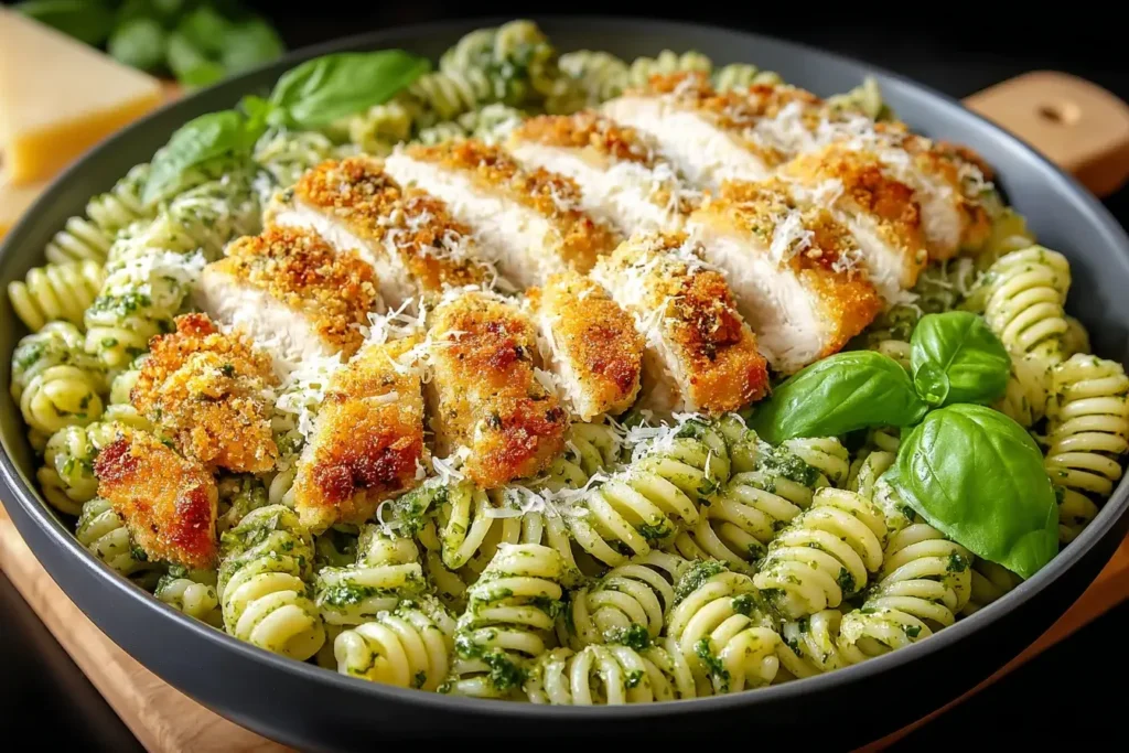 Close-up of a bowl of Pesto Pasta with Crispy Parmesan Chicken, topped with golden sliced chicken and garnished with fresh basil.
