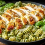 Close-up of a bowl of Pesto Pasta with Crispy Parmesan Chicken, topped with golden sliced chicken and garnished with fresh basil.