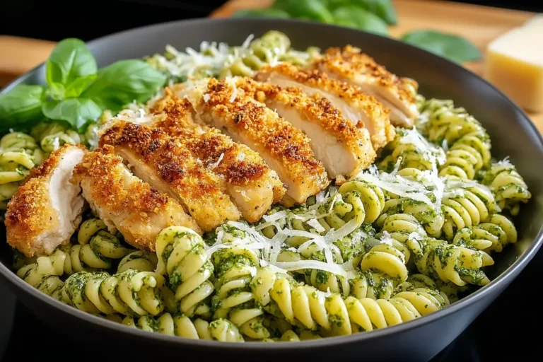 A bowl of pesto pasta topped with sliced crispy Parmesan chicken, garnished with grated cheese and fresh basil – Pesto Pasta with Crispy Parmesan Chicken.