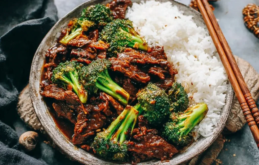 Chinese Beef and Broccoli served with steamed white rice in a rustic bowl with chopsticks.