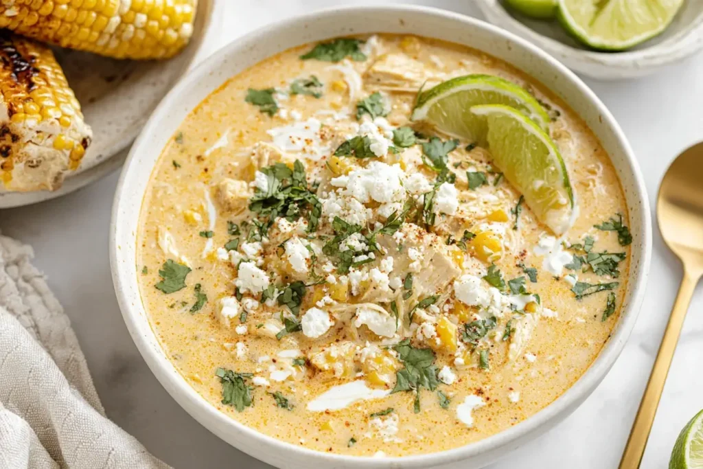 Close-up of Mexican Street Corn Soup with shredded chicken, queso fresco, cilantro, and lime wedges in a creamy broth.