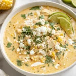 Close-up of Mexican Street Corn Soup with shredded chicken, queso fresco, cilantro, and lime wedges in a creamy broth.