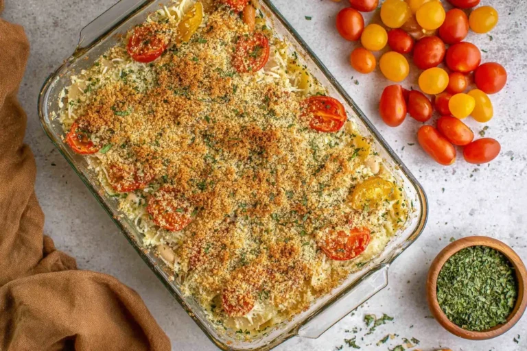 White Bean and Pesto Bake topped with golden panko crumbs, Parmesan, and cherry tomatoes in a glass casserole dish.