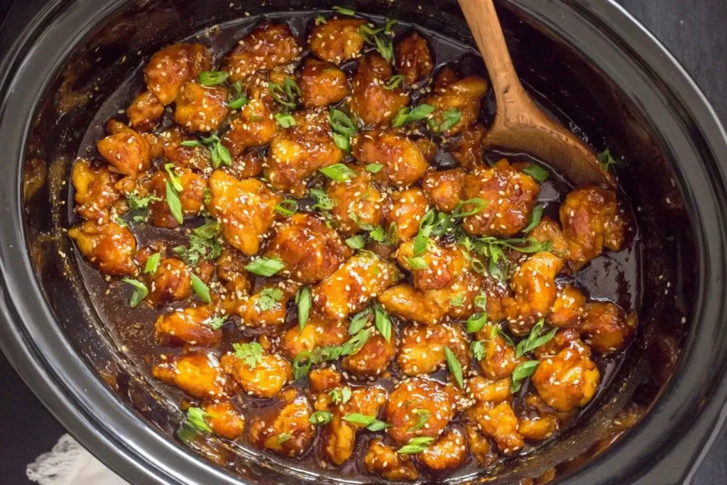 Slow Cooker Orange Chicken cooking in a crockpot, coated in a sticky orange glaze and topped with sesame seeds and scallions.