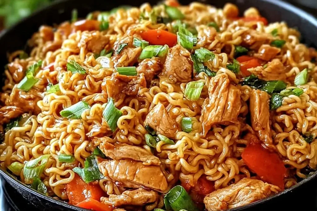 Close-up of Chicken Ramen Stir Fry with tender chicken pieces, springy noodles, and colorful vegetables topped with fresh green onions.