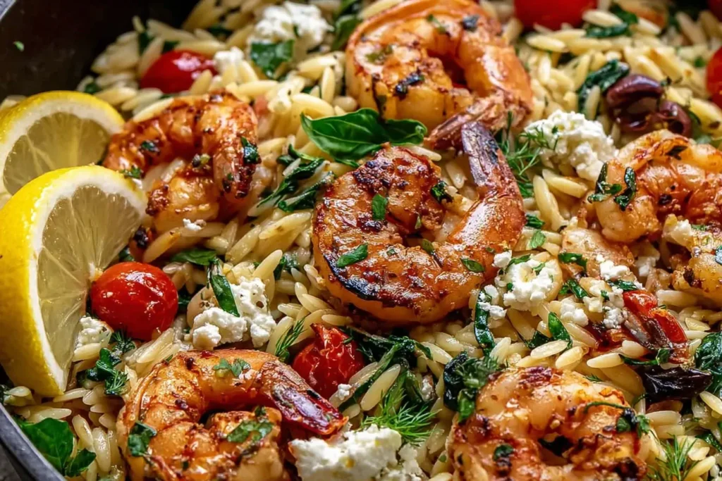 Lemon Feta Orzo Roasted Shrimp with juicy tomatoes, fresh spinach, herbs, and creamy feta in a Mediterranean pasta dish.