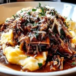 Rich and tender Short Rib Ragu with Parmesan Mashed Potatoes, topped with fresh herbs and grated cheese, served in a deep white bowl.