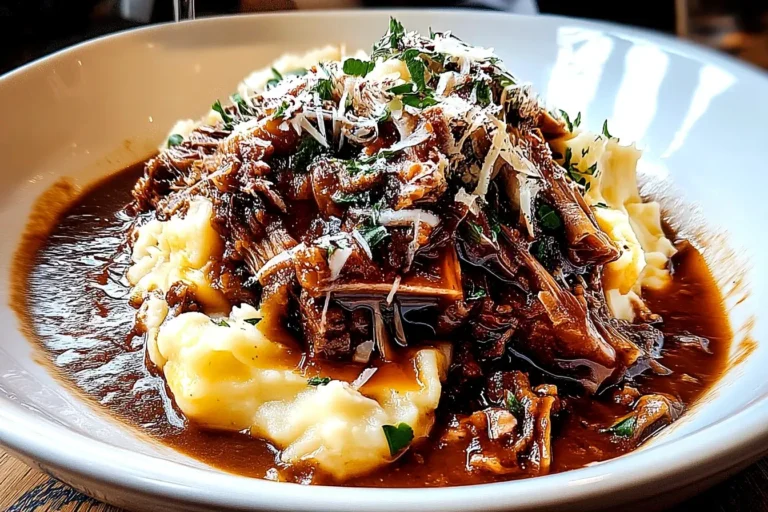 Rich and tender Short Rib Ragu with Parmesan Mashed Potatoes, topped with fresh herbs and grated cheese, served in a deep white bowl.