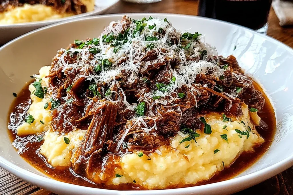 Close-up of tender Short Rib Ragu with Parmesan Mashed Potatoes, topped with grated cheese and fresh parsley in a white bowl.