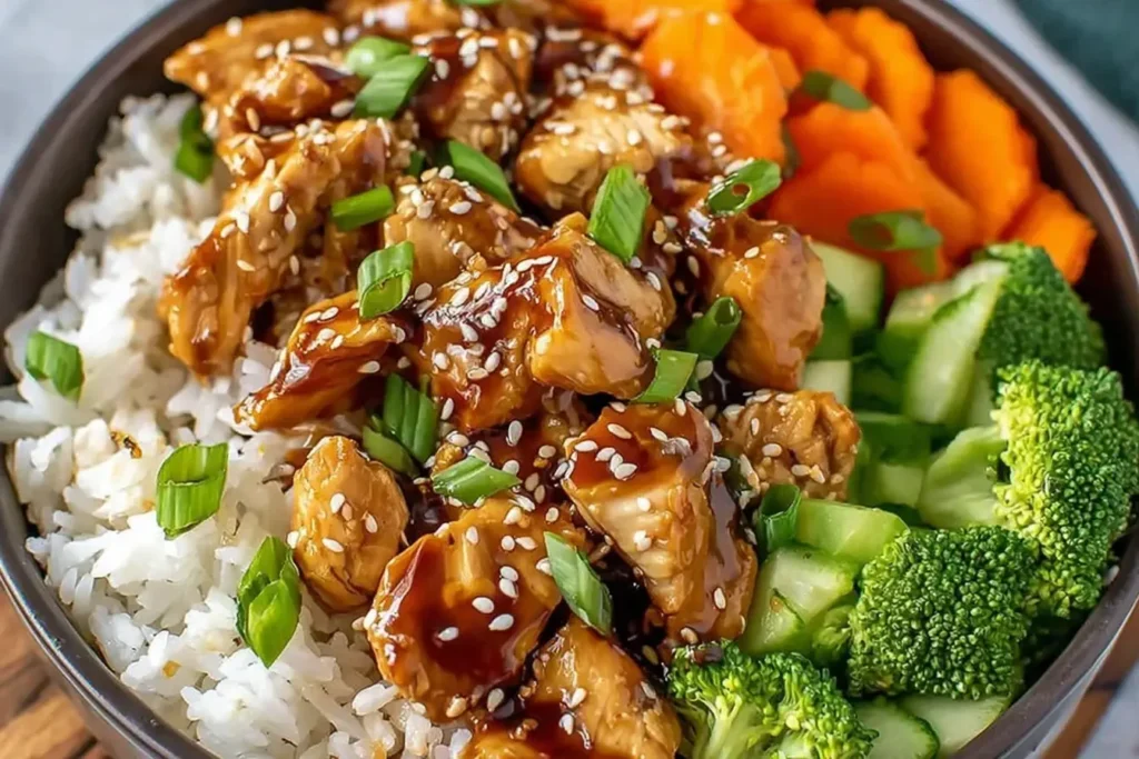 Teriyaki Chicken Rice Bowl with glazed chicken, fluffy white rice, broccoli, cucumbers, and carrots topped with sesame seeds and green onions.