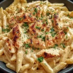 Creamy Boursin Chicken Pasta with golden seared chicken and penne tossed in a rich garlic herb cheese sauce.