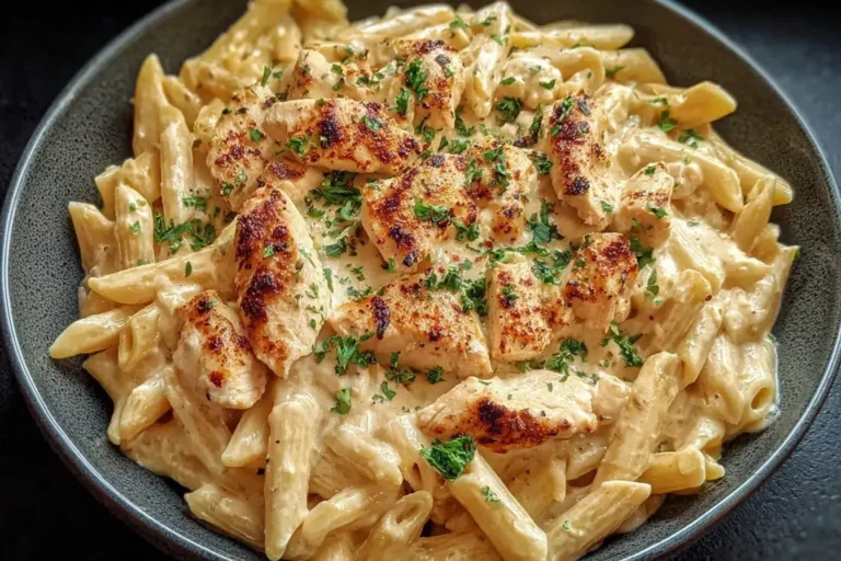 Creamy Boursin Chicken Pasta with golden seared chicken and penne tossed in a rich garlic herb cheese sauce.
