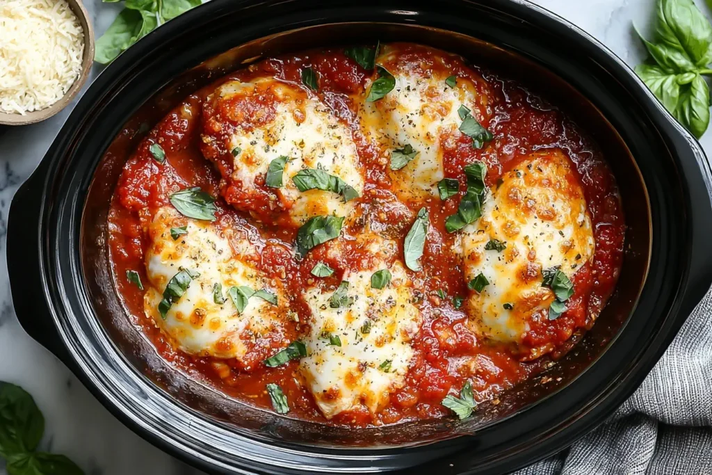 Crockpot Chicken Parmesan with melted mozzarella, marinara sauce, and fresh basil in a slow cooker.