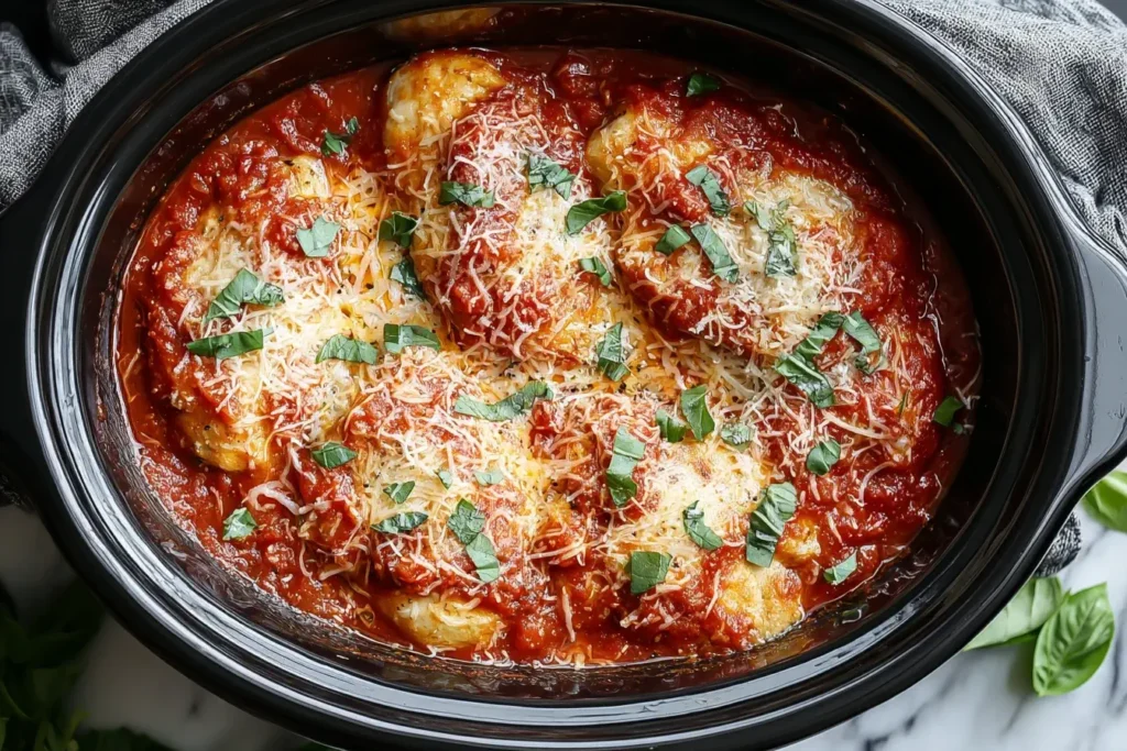 Crockpot Chicken Parmesan topped with melted cheese, marinara sauce, and fresh basil in a slow cooker.